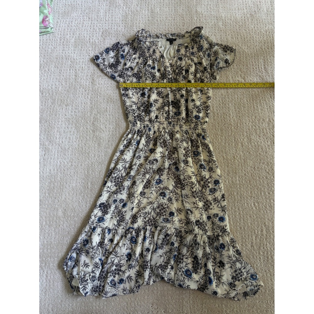 Talbots Floral Smocked Waist Midi Dress Cream Blue Black XS Flutter Sleeve